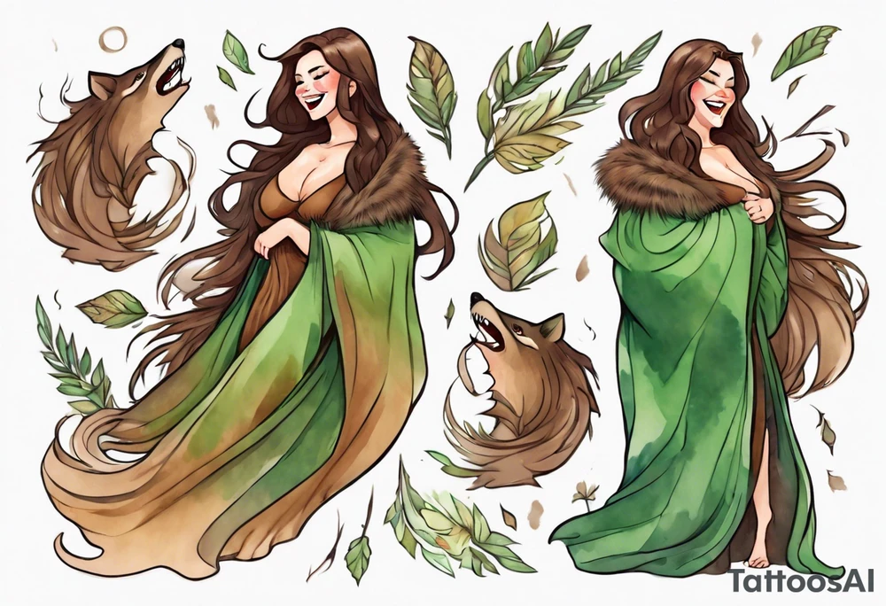 a curvy tan woman with long brown hair  and green eyes wearing a fur cloak laughing tattoo idea