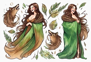 a curvy tan woman with long brown hair  and green eyes wearing a fur cloak laughing tattoo idea