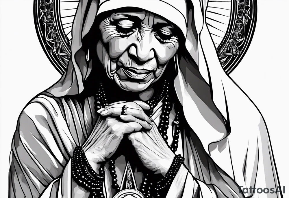 Mother Theresa looking down with black tears and rosary young version tattoo idea