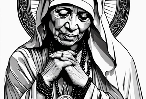 Mother Theresa looking down with black tears and rosary young version tattoo idea