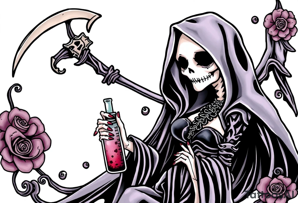Sexy  xxx Female grim. Reaper and her
 death bringer poison bottle tattoo idea