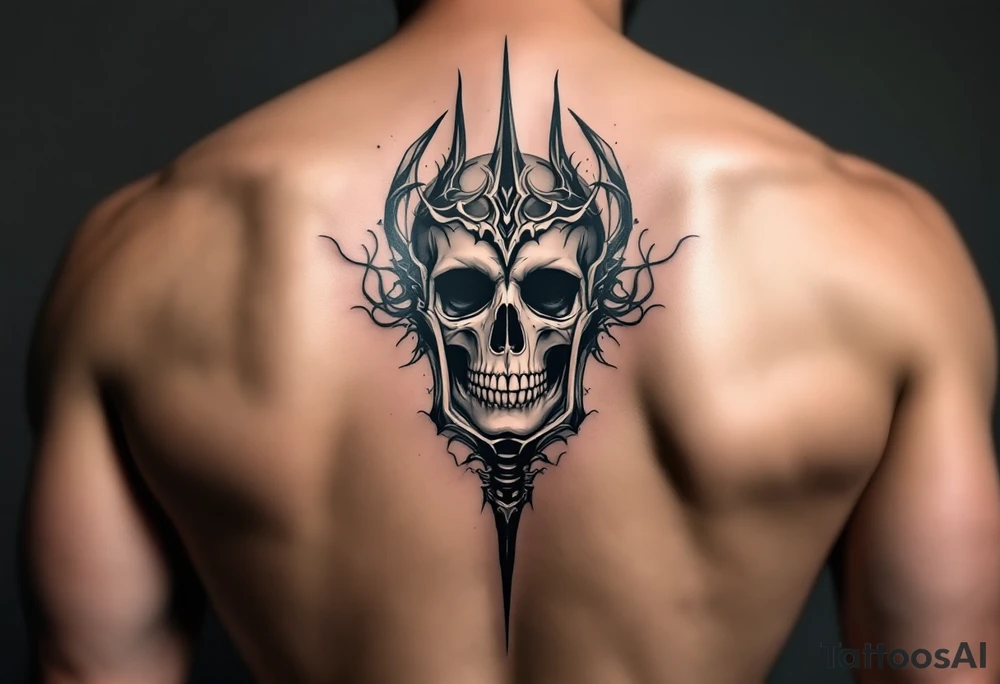 skeleton face behind trident tattoo idea