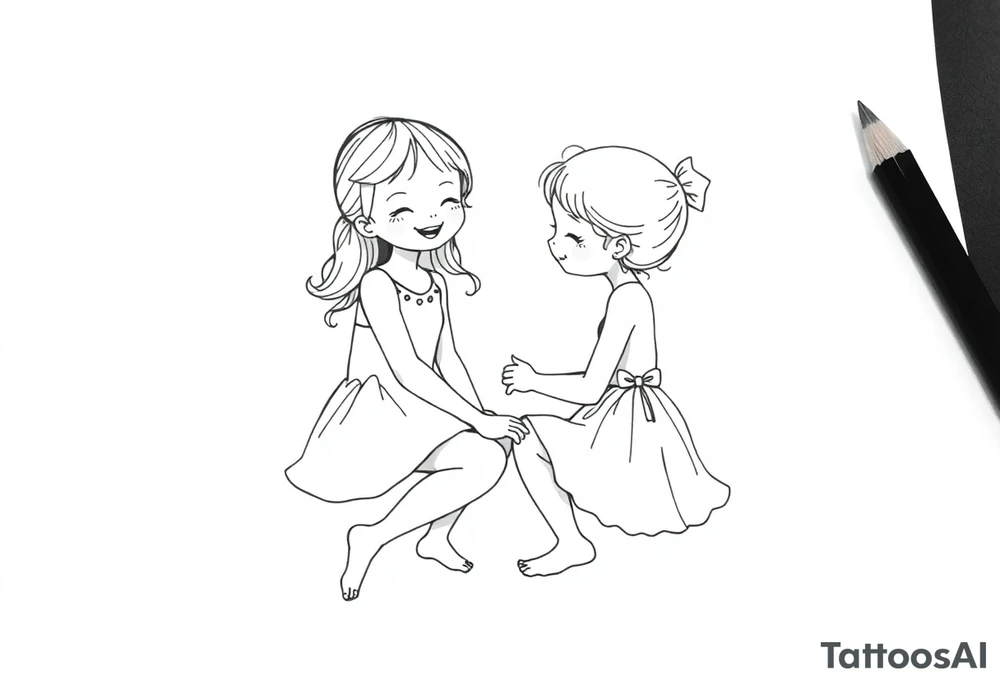 Zwei grinsende kleine mädchen sitzen sich gegenüber eine hat einen Dutt die andere einen Zopf und sie berühren sich an den Fußsohlen seitenansicht tattoo idea