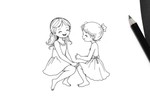 Zwei grinsende kleine mädchen sitzen sich gegenüber eine hat einen Dutt die andere einen Zopf und sie berühren sich an den Fußsohlen seitenansicht tattoo idea