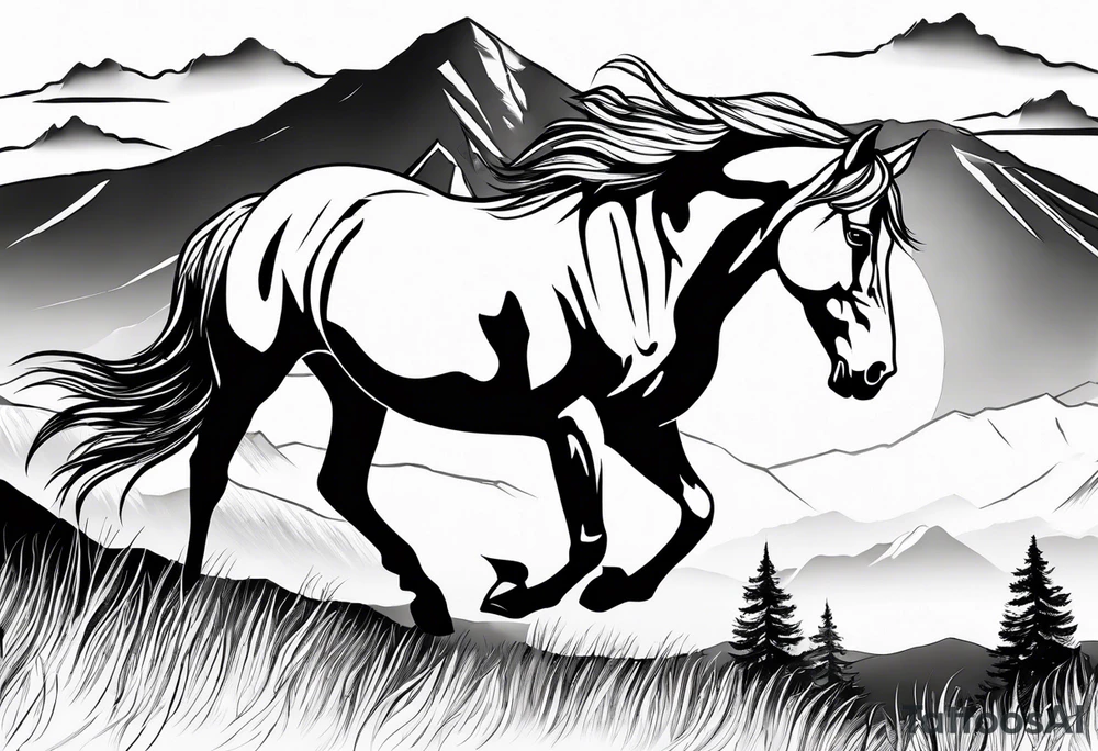 Wild horse, mountain background, feather tattoo idea