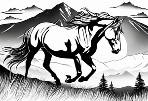 Wild horse, mountain background, feather tattoo idea