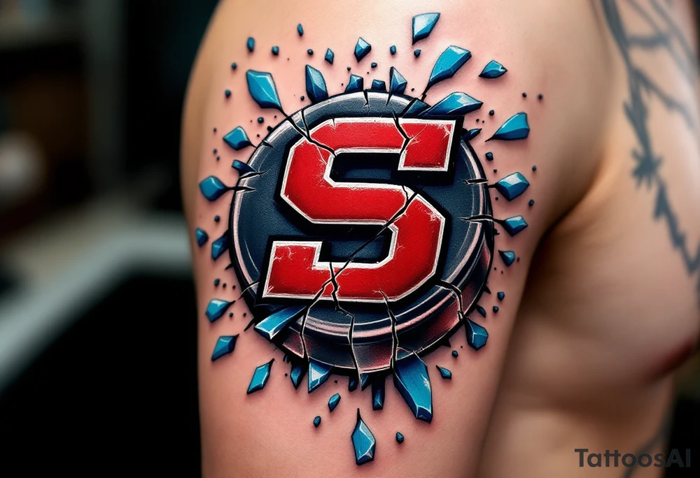 HC Sparta’s red “S” embedded in a cracked hockey puck with frost-blue shards flying outward. tattoo idea