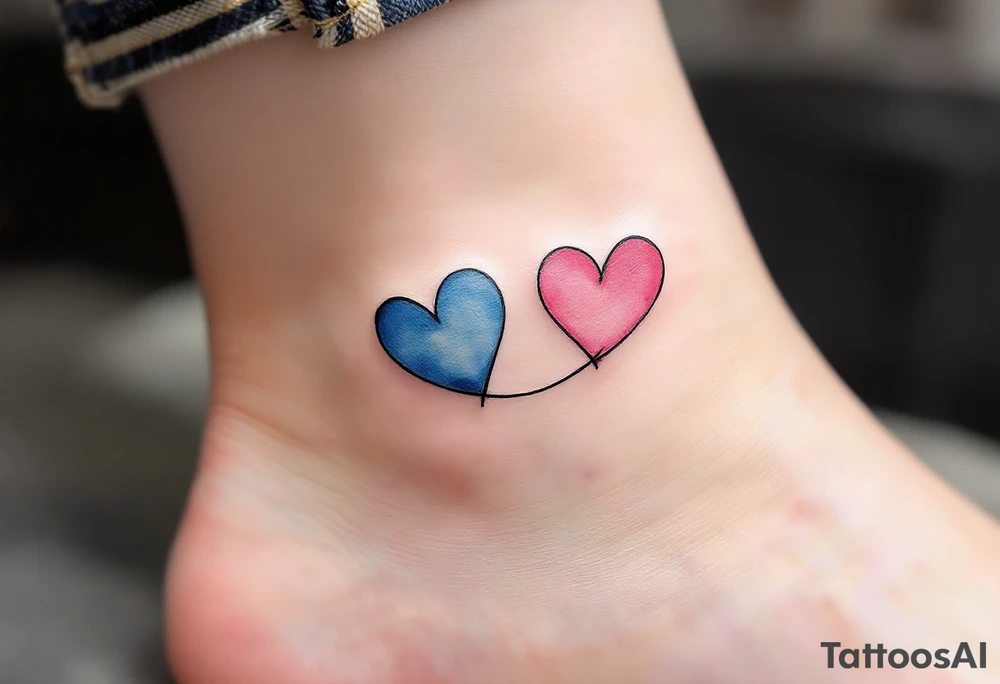 Two watercolor-style hearts—one blue, one pink—connected by a delicate black line across the ankles. tattoo idea
