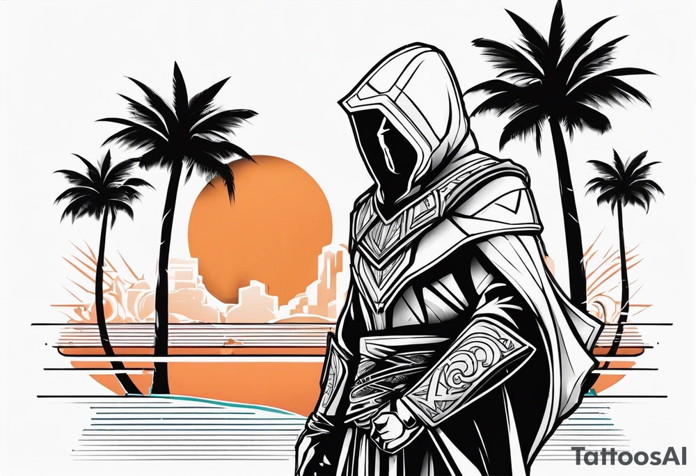 assassins creed character that is in the style of tron with palm trees tattoo idea