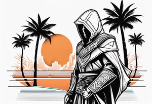 assassins creed character that is in the style of tron with palm trees tattoo idea