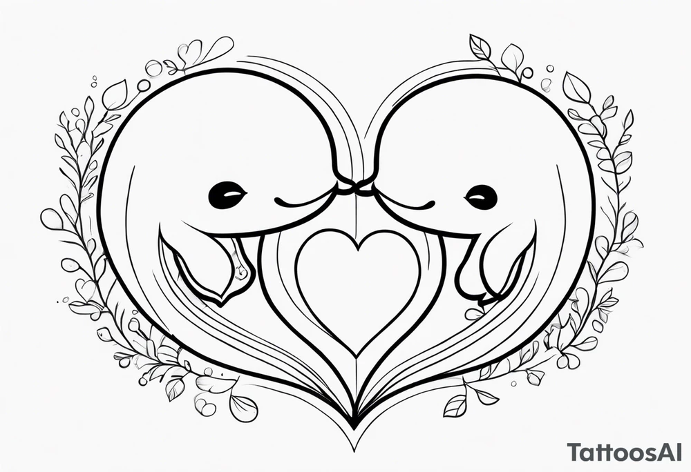 Two cartoon cute whales making heart tattoo idea