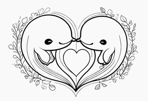 Two cartoon cute whales making heart tattoo idea