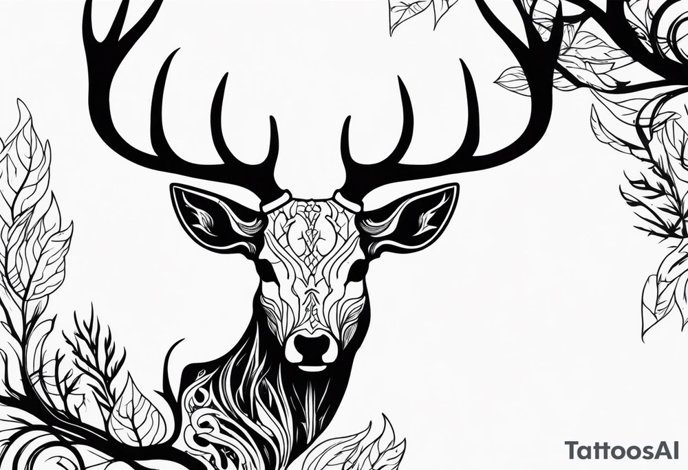 side photo of a deer skull JUST BONE surrounded by a flames and trees tattoo idea