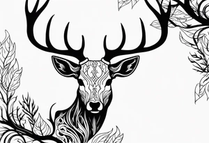 side photo of a deer skull JUST BONE surrounded by a flames and trees tattoo idea