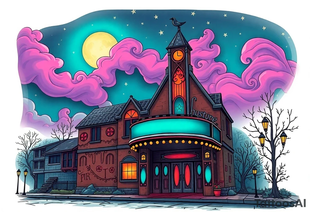 Tim Burton’s old theatre from outside view is the street abandoned and dripping with muted reds, dusty pinks, and eerie green glow purple and cyan smokey clouds swirl and dance in the moonlit night sky filled with twinkling stars  tattoo idea tattoo idea