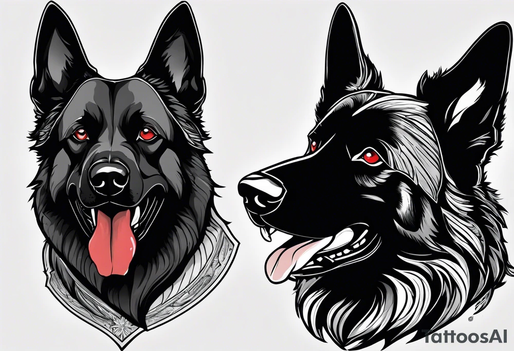 Create aggressive, vicious dog, with some blood coming out of his mouth and saliva. Make it a drawing and use the image of reference. I am going to add. I want HIM TO BE ANGRY WITH RED EYES use VICIOUS German shepherd tattoo idea