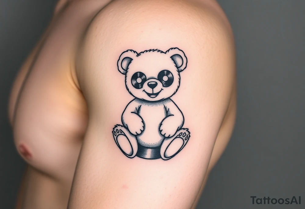 minimalist teddy bear with vinyl records as eyes smiling and sitting on a record tattoo idea