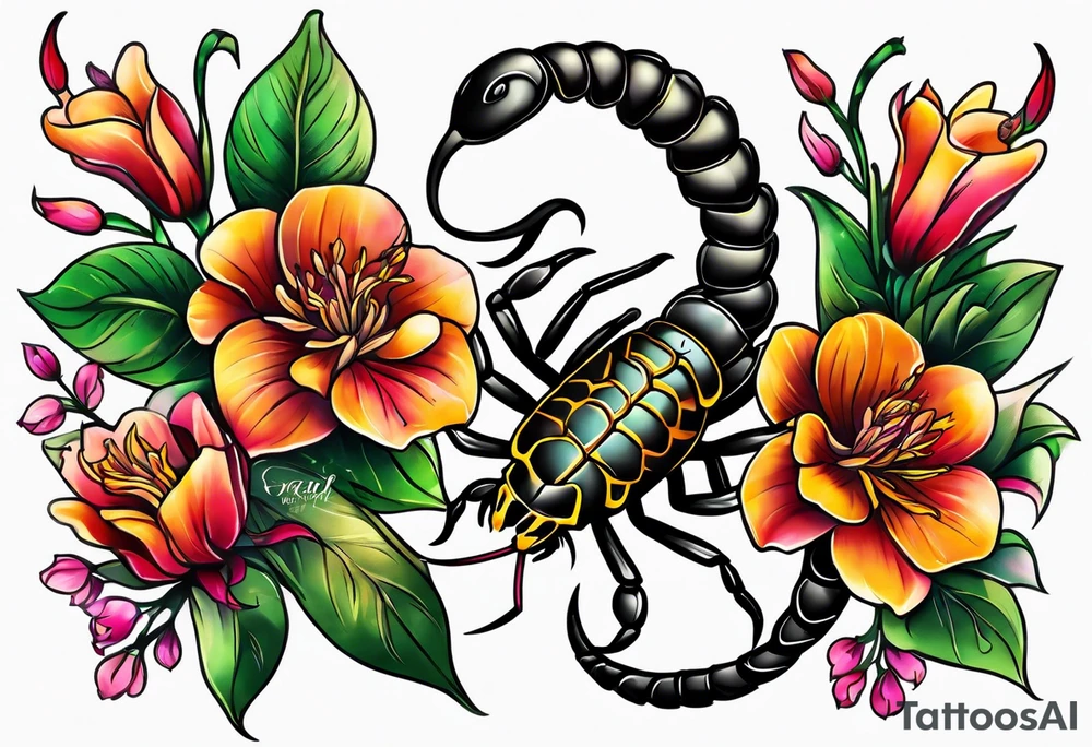 Scorpion tattoo with flowers tattoo idea