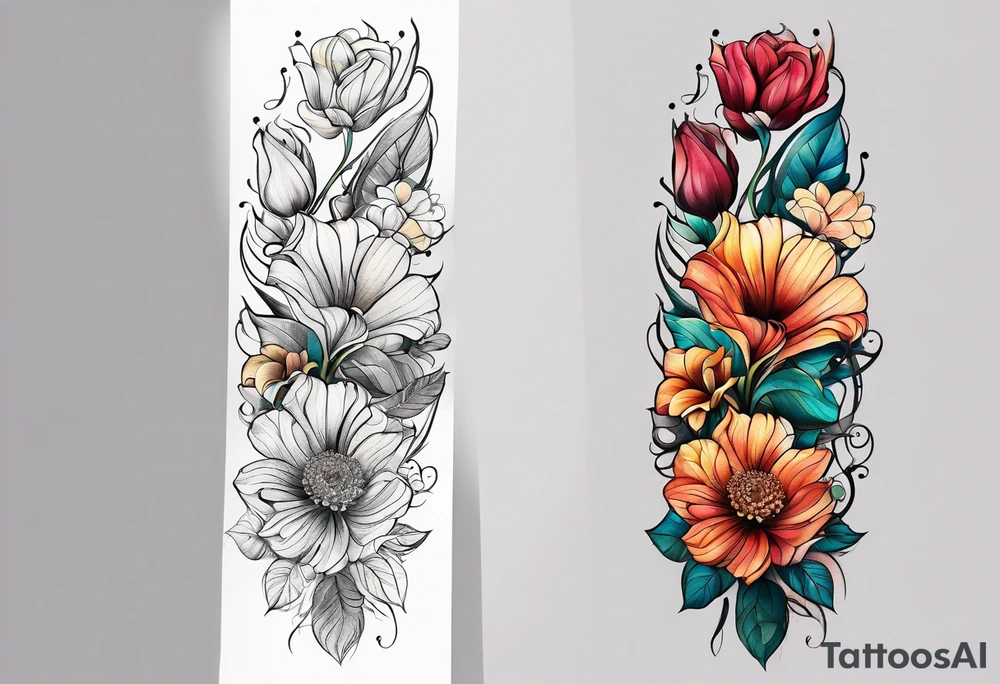 long vertical tattoo to cover my whole shin showing two separate flowers wrapped around each other, I want a long stem to shower them intertwined tattoo idea