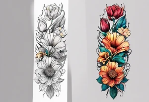 long vertical tattoo to cover my whole shin showing two separate flowers wrapped around each other, I want a long stem to shower them intertwined tattoo idea