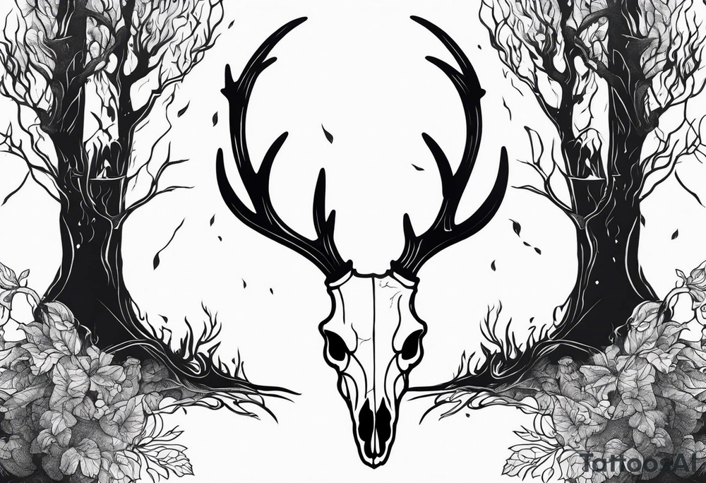 side profile of a DECAYING deer skull JUST BONE lore accurate shapeshifter surrounded by a flames and trees tattoo idea