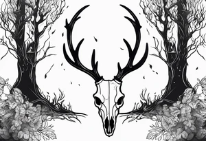 side profile of a DECAYING deer skull JUST BONE lore accurate shapeshifter surrounded by a flames and trees tattoo idea