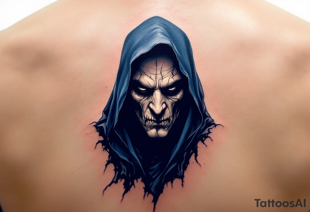 A grim face shaded in bone-white ink under a flowing midnight blue cloak. tattoo idea