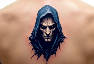 A grim face shaded in bone-white ink under a flowing midnight blue cloak. tattoo idea
