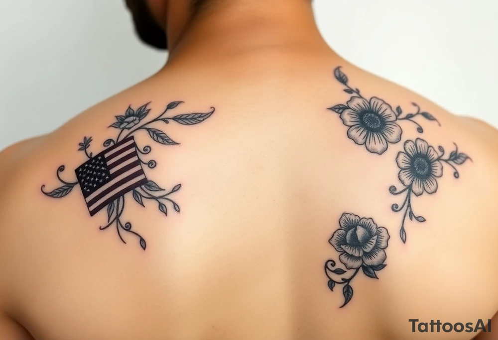 Small, feminine tattoo for placement on my clavical or lower back that reflects new life journey, delicate florals, ornaments and vines. Include U.S and Mexican flags and images of Mexican flowers. Style as if painted on a Mexican tile and include red, green and blue accents. Add color the bottom right design above tattoo idea