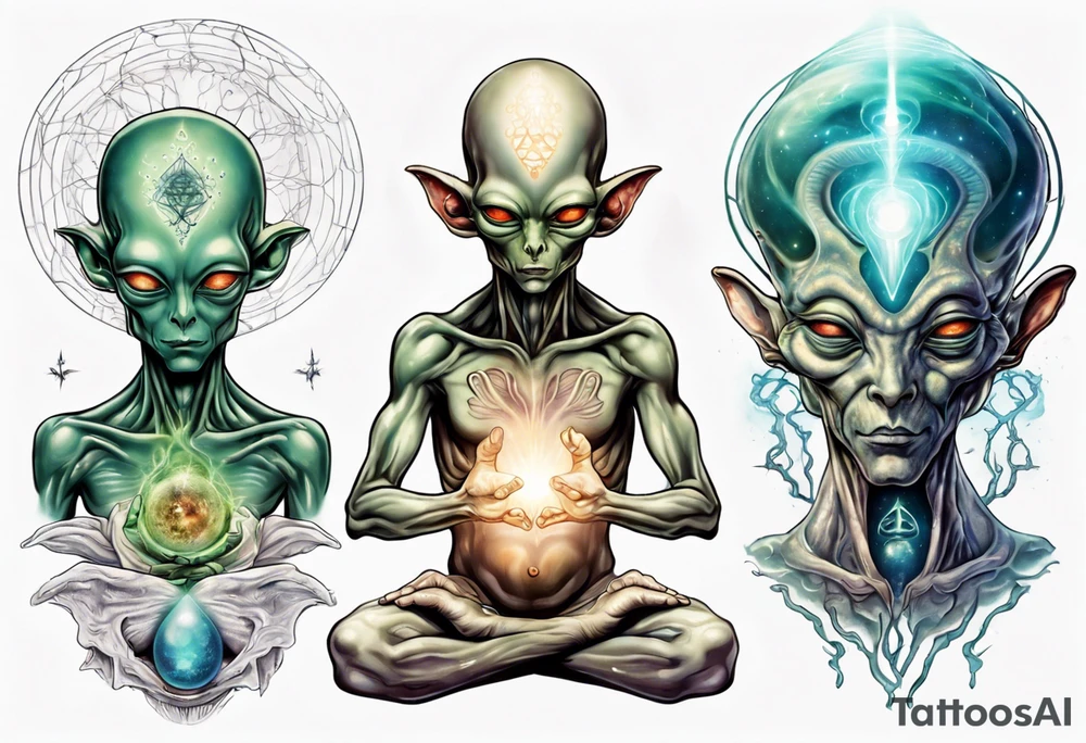 A realistic depiction of a meditating alien and energy flowing from their pineal gland tattoo idea