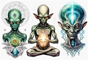 A realistic depiction of a meditating alien and energy flowing from their pineal gland tattoo idea