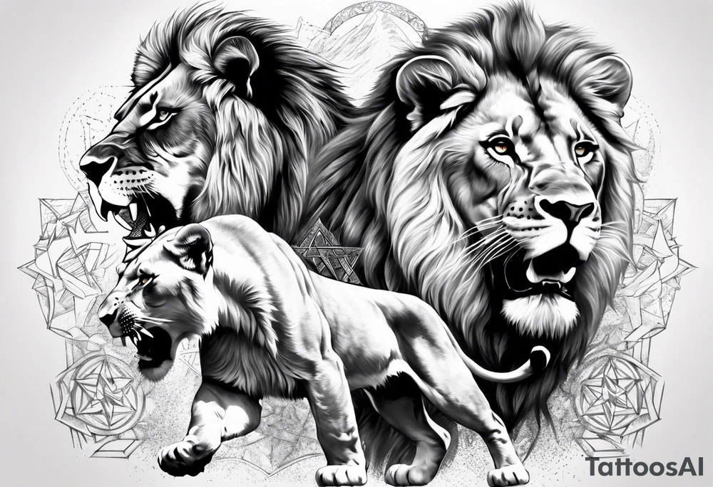 One roaring lion, next to it a roaring lioness, below them 3 roaring lion cubs and around a Star of David tattoo idea