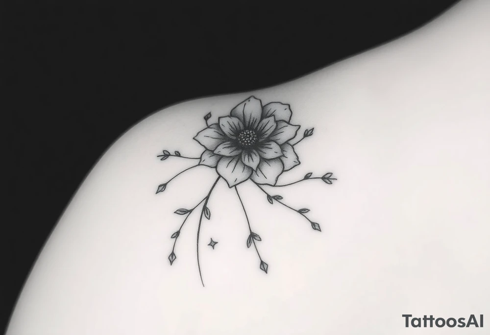 I want it on my wrist. I want a beautiful flower on the inside of my wrist with tendrils down the inside of my arm with little delicate stars or motes and the name Zoey

Why are you showing it on a back? I want it on the inside of my wrist

I want it to be a little smaller. I want the lines to be super fine. I want more organic delicate tendrils. The name Zoey should be about 3" up on the inside of my arm 

I just want the tendrils to look more natural and flowy and graceful.
I do not want stars in it anymore. tattoo idea