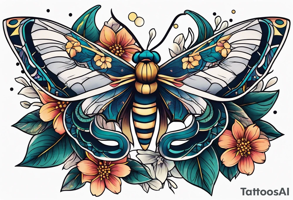 Moth, moon, snake, flowers tattoo idea