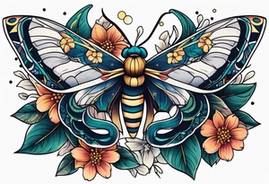 Moth, moon, snake, flowers tattoo idea