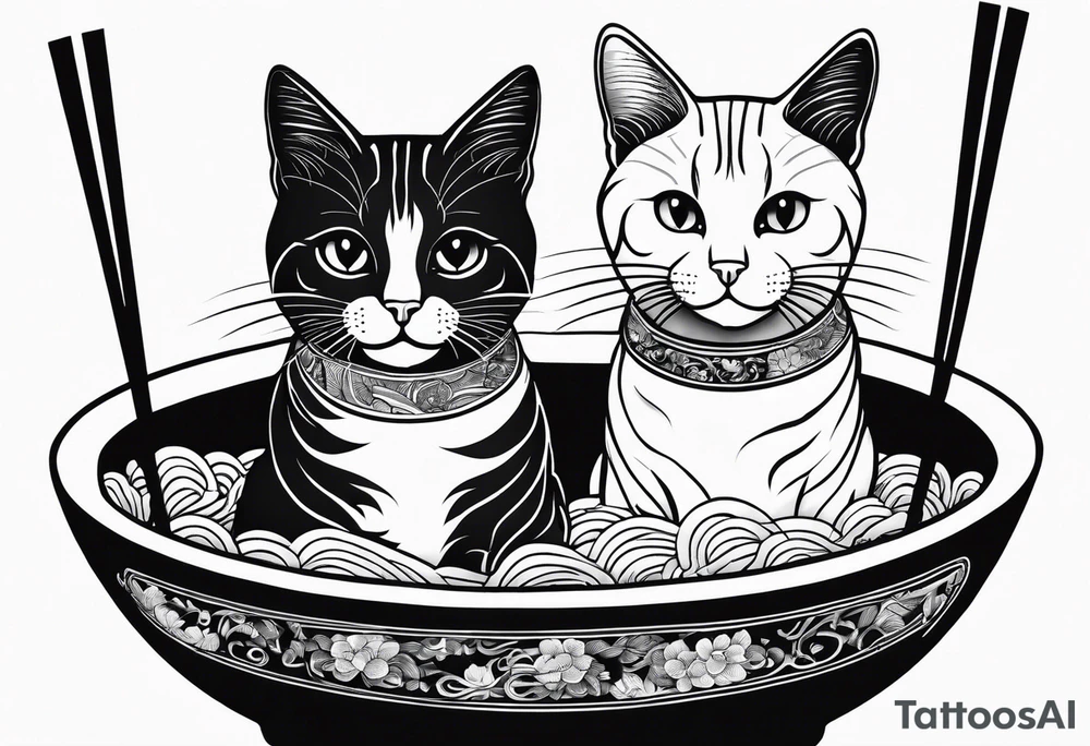 Two tabby cats sitting in a ramen noodle bowl tattoo idea