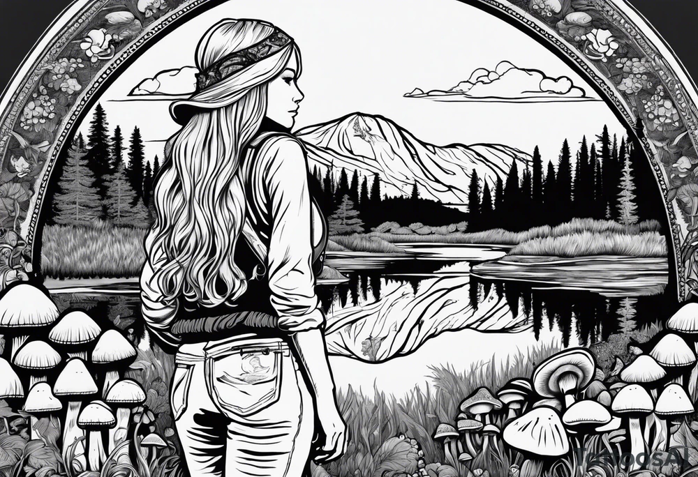 Whole picture encircled fully

Straight long blonde hair hippie girl in distance holding mushrooms in hand facing away toward mountains and creek surrounded by mushrooms long sleeve shirt and hiking pants; whole rendering within a full circle, no cut off circle tattoo idea