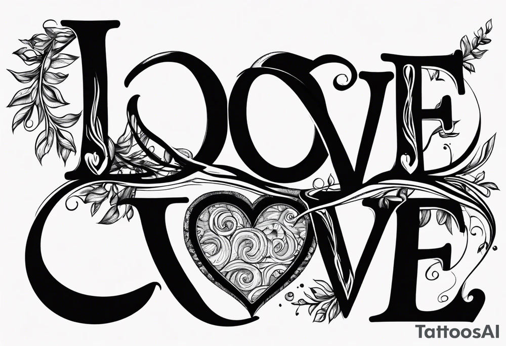 the word love drought in a nice font with a melting heart design underneath it tattoo idea