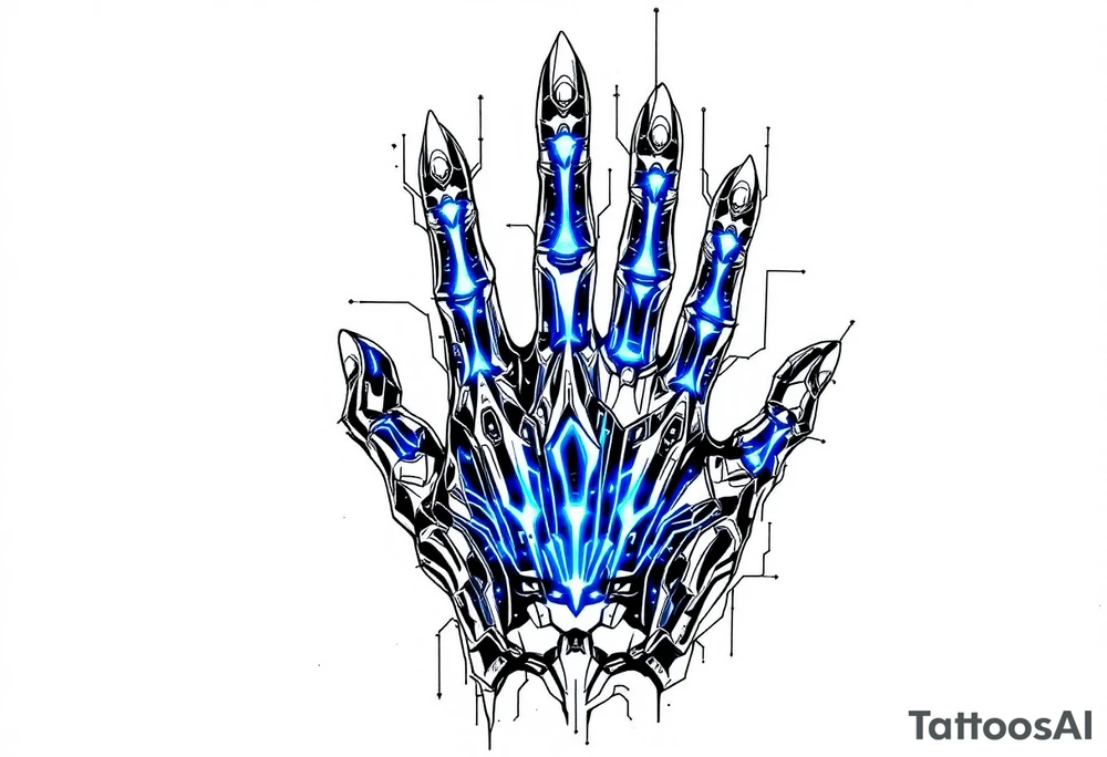 A futuristic chrome hand design with sapphire-blue energy lines tracing each finger like circuits. tattoo idea