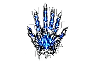 A futuristic chrome hand design with sapphire-blue energy lines tracing each finger like circuits. tattoo idea