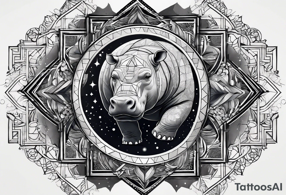 Very asymmetrical, +geometric pattern, with realistic full moon, with hippo at side look, +tribal, +geometric, +inkart , +blackwork, +grey scale, + sketch
with wintersweet flower bud, +inkart touch, +for men tattoo idea