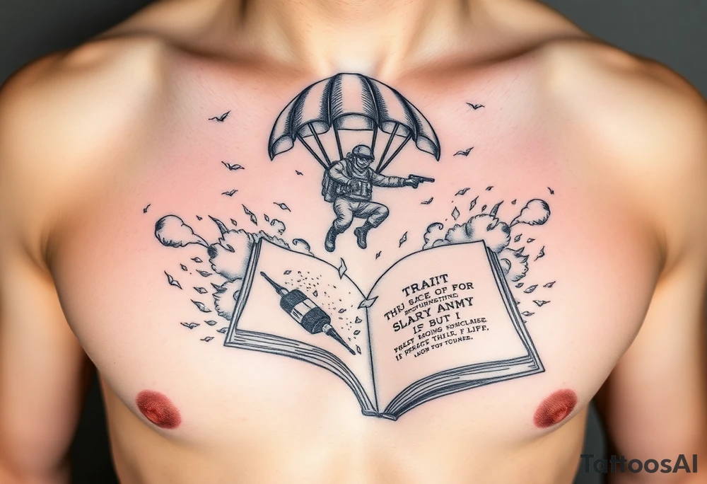 A parachuting soldier landing into an open book. Chaos surrounding, but a sense of security inside the book. On the chest. On one pectoral. book contains a quote tattoo idea
