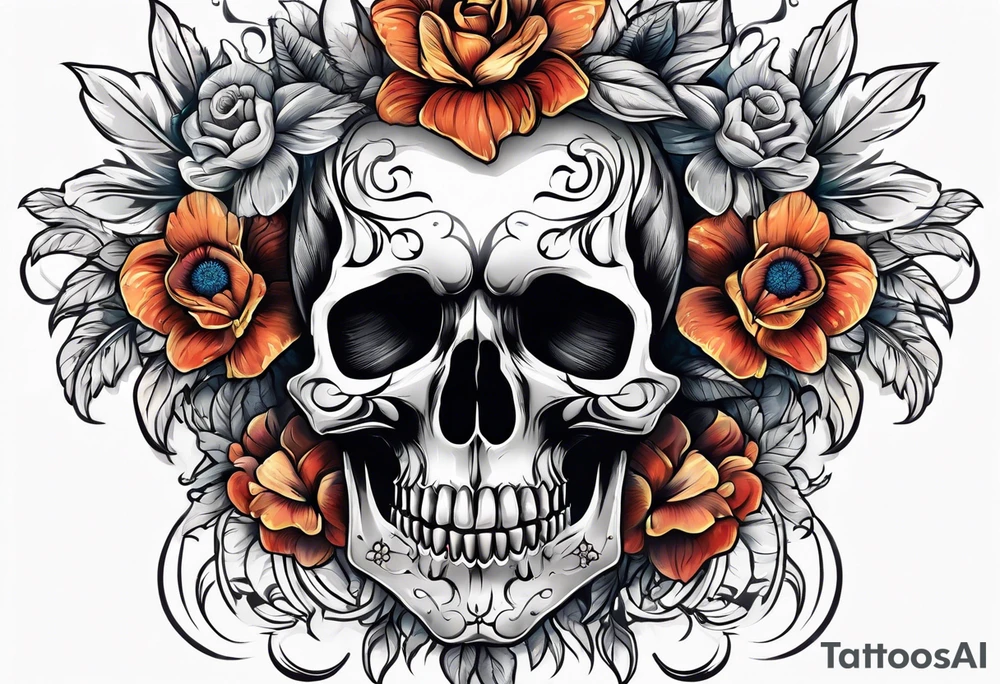 skull with flowers growing on it tattoo idea