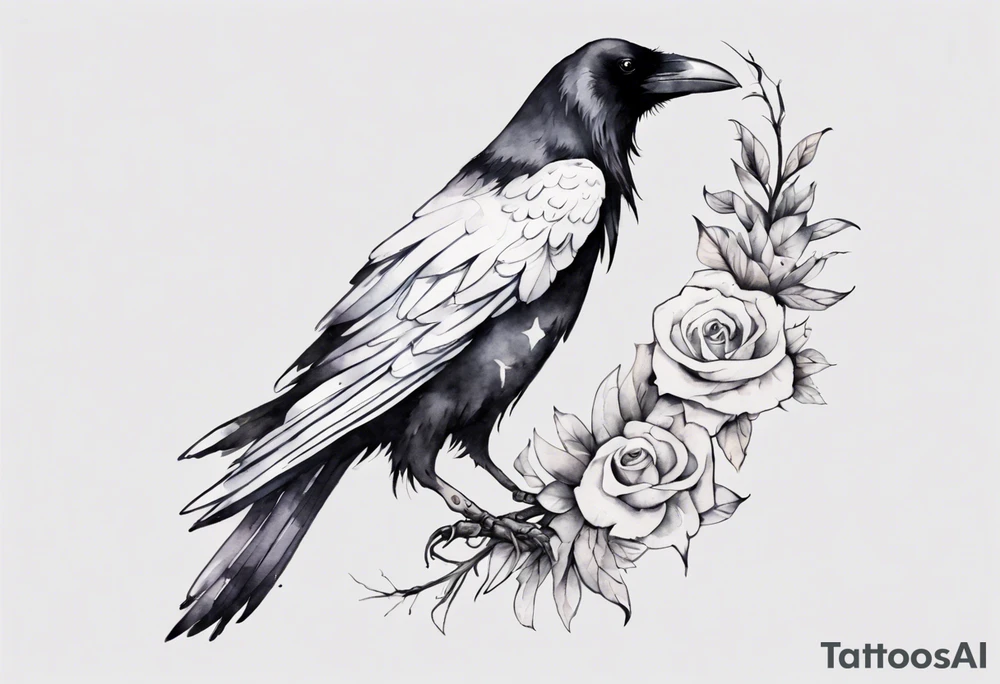 raven wearing a white ribbon around left leg tattoo idea