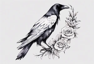 raven wearing a white ribbon around left leg tattoo idea