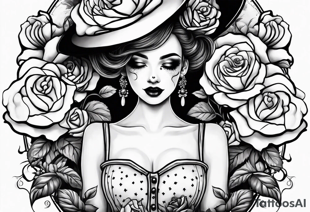 mime girl in white dress surrounded by roses tattoo idea