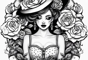 mime girl in white dress surrounded by roses tattoo idea