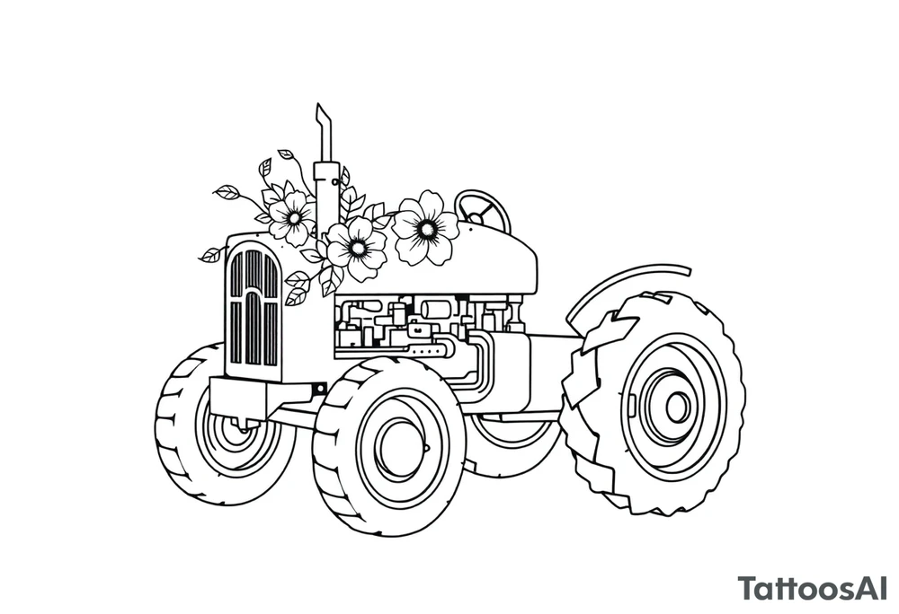 feminine tractor with flowers tattoo idea