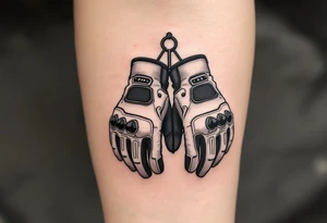 A pair of cycling gloves hanging from handlebars, in a realistic sketch style with soft shading and muted earthy tones. tattoo idea