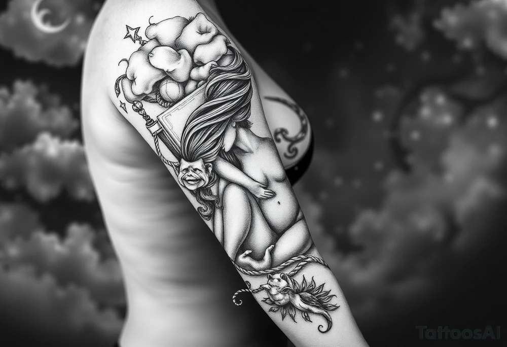 Storm clouds with a big fat naked sexy woman and money and cigarette  and coins and mirror and  naked couple sex with pig and peacock , frog, lamb and lightening lust gluttony envy greed wrath pride  sloth and noose darkness gothic tattoo idea